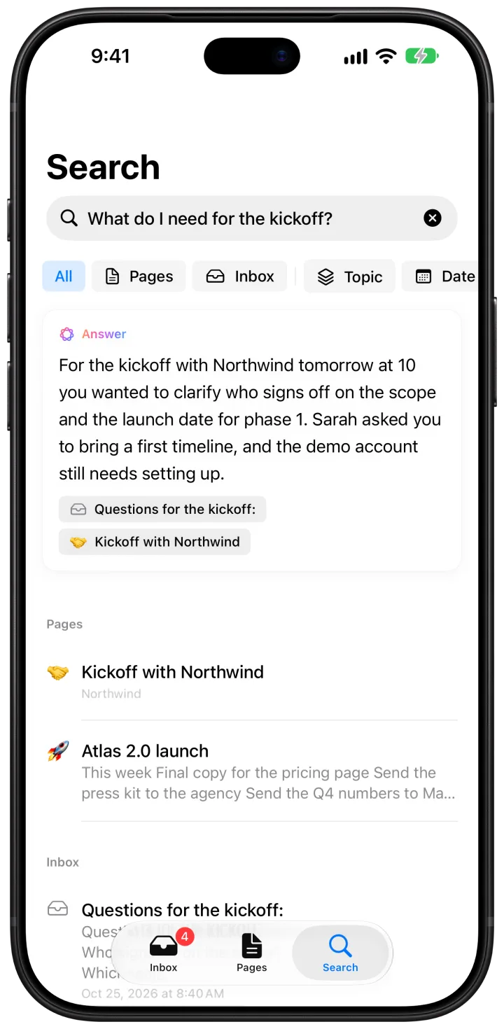 Search on iPhone: an answer to “What do I need for the kickoff?” with the notes it came from