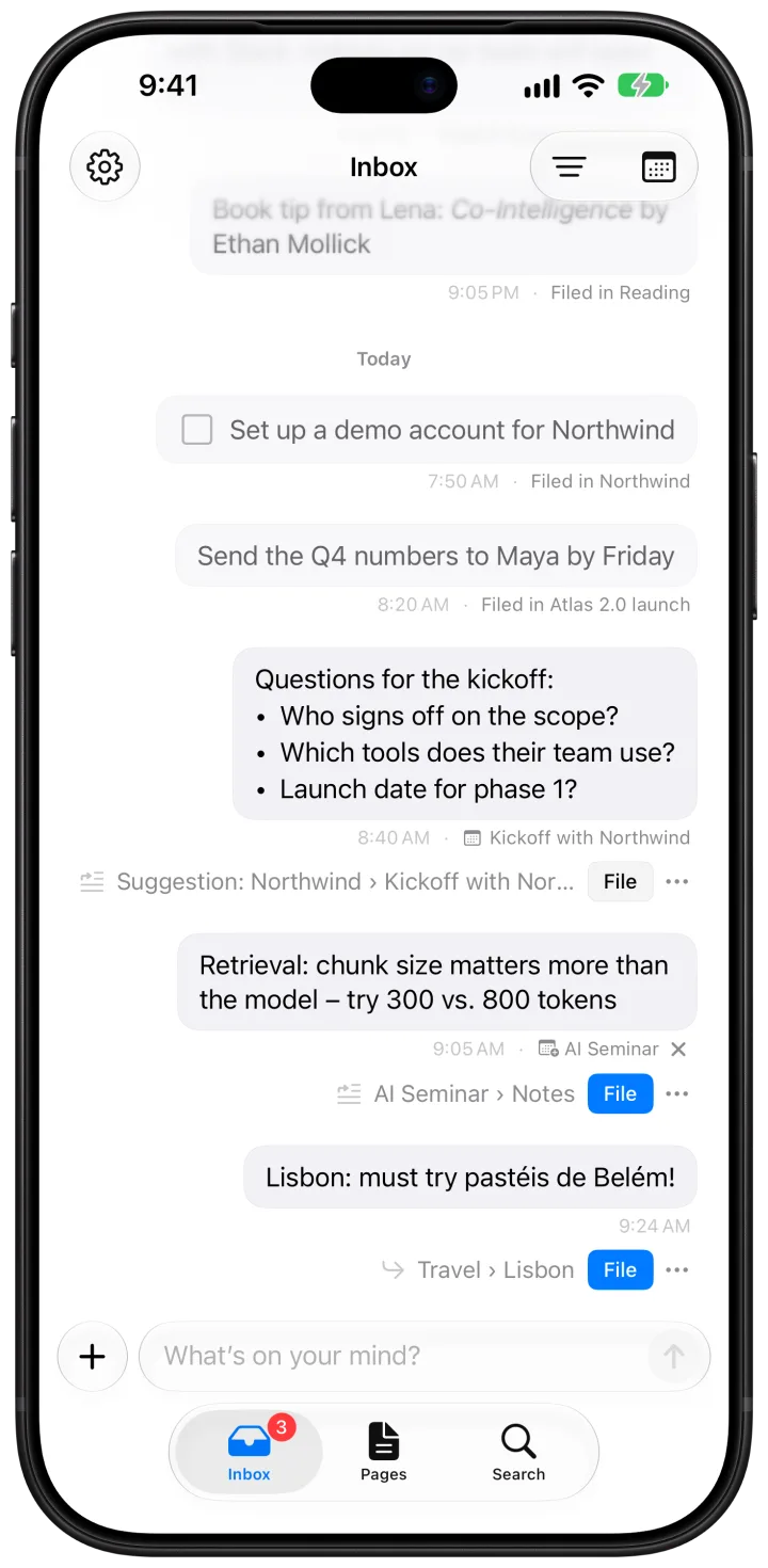The Mote inbox on iPhone: work and seminar notes, a to-do and filing suggestions