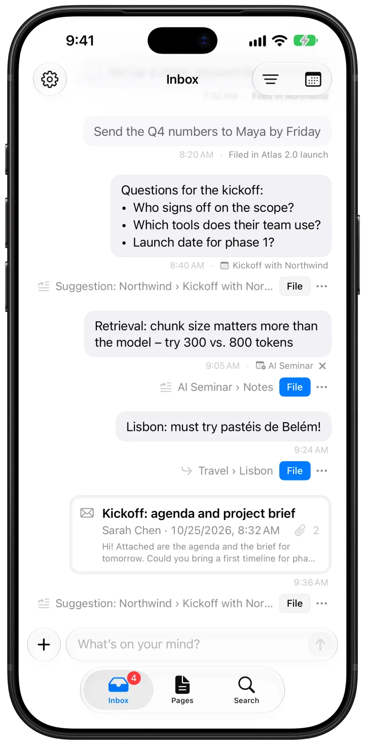 The Mote inbox on iPhone with the client’s mail as a card below the notes